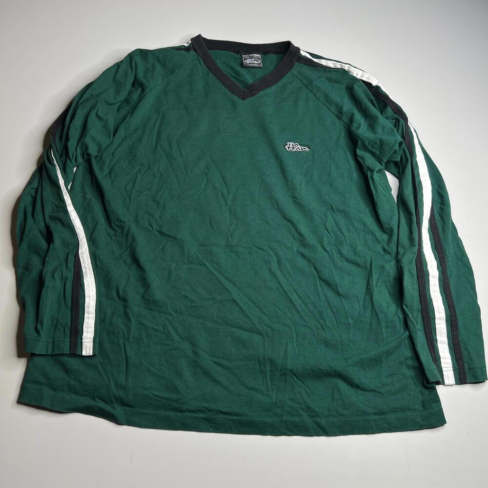 No Fear Vintage Long Sleeve Shirt Green V-Neck‎ Stripe Sleeves Made USA